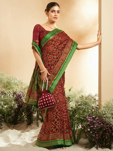 Dazzling Maroon Patola Printed Silk Wedding Wear Saree With Blouse